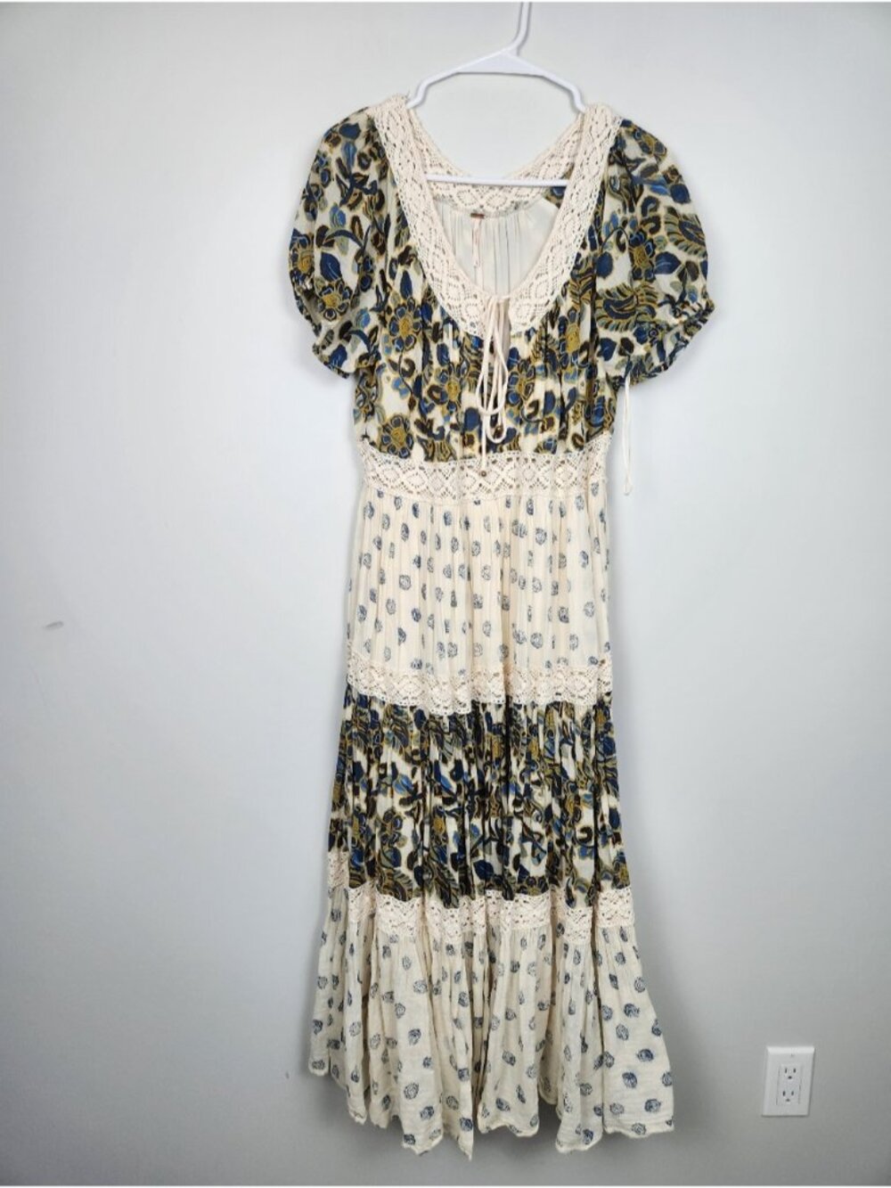 Free People Ivory Tiered Beautiful Boho Sun Chaser Midi Maxi Dress Size M Cotton - Picture 5 of 15